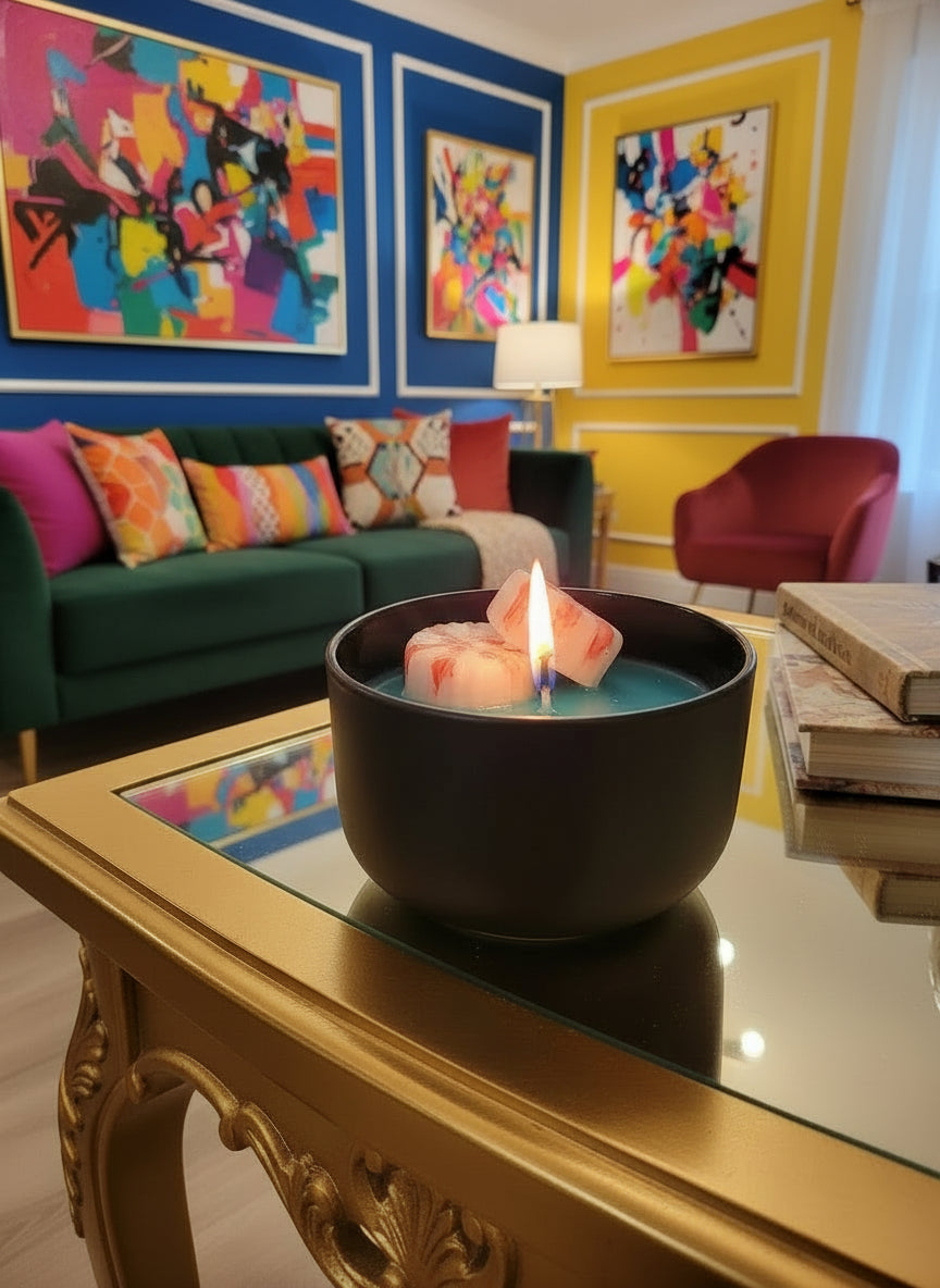 Black bowl with a blue interior containing a pink and white substance on a wooden surface.