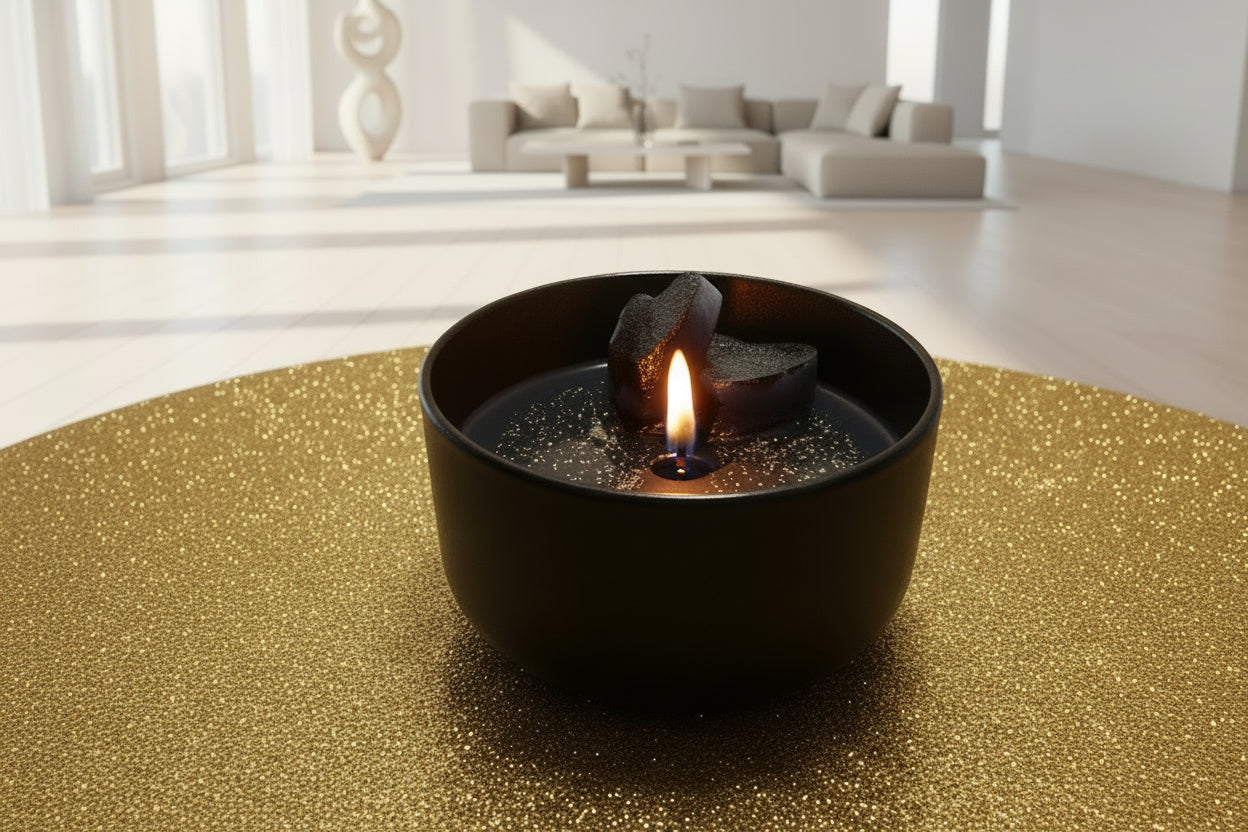 Black frying pan with speckled pattern on a wooden surface