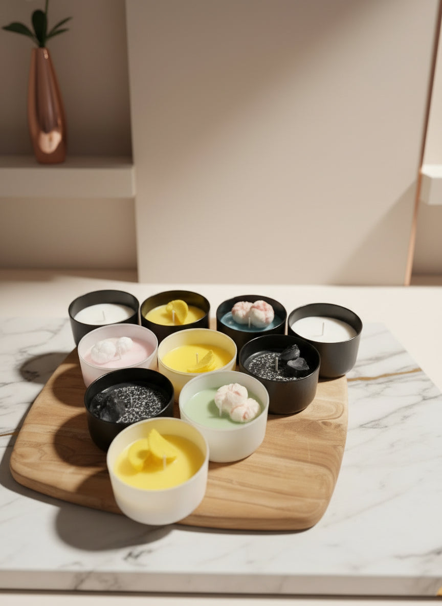 Assorted candles in various designs on a wooden cutting board.