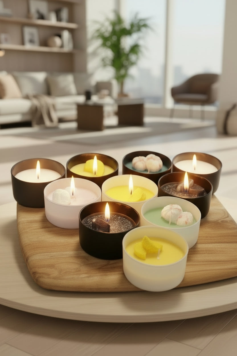 Assorted candles in various designs on a wooden cutting board.